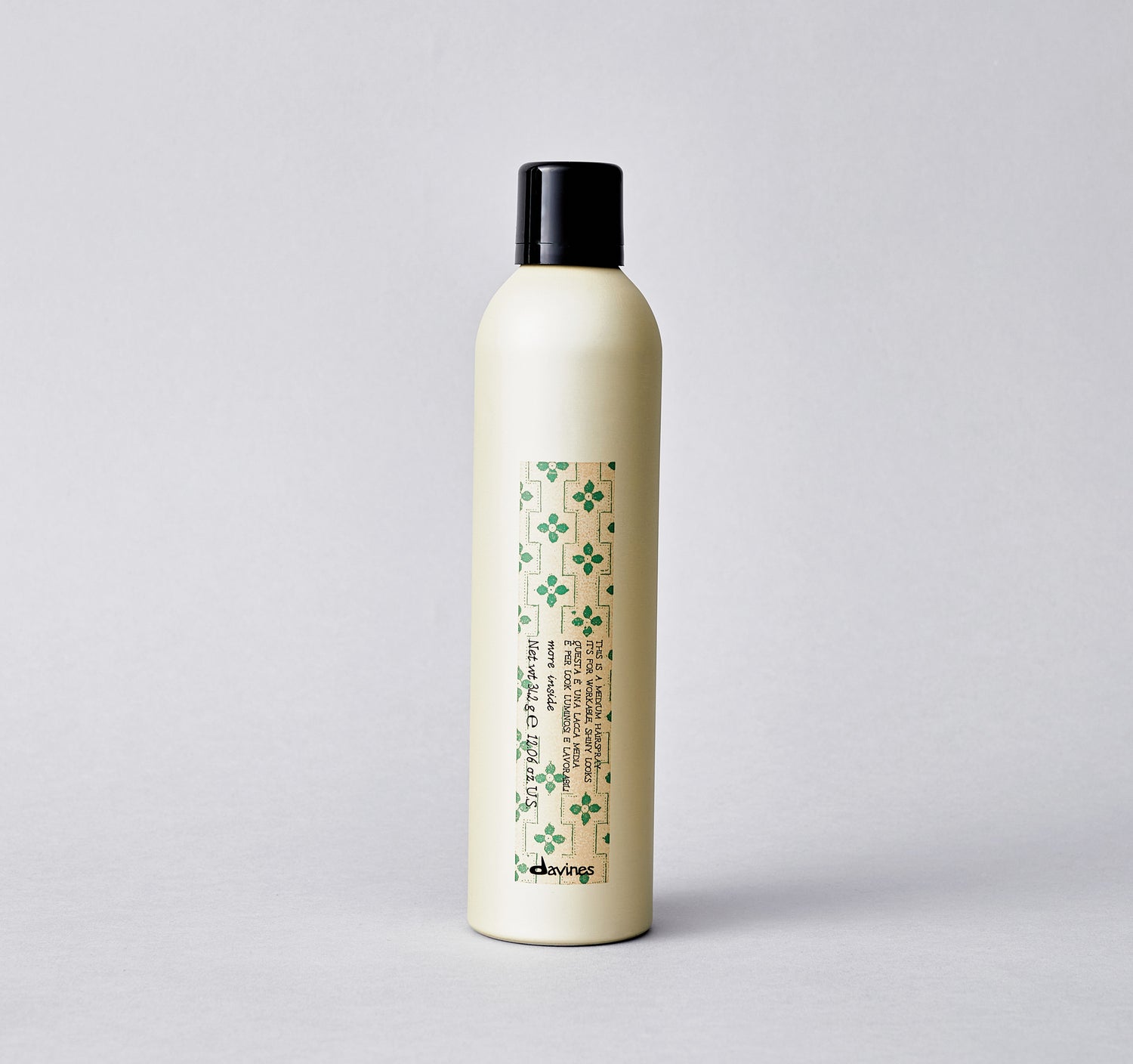 The Medium Hairspray is designed for long-lasting styles. It eliminates frizz, adds structure and provides hold without leaving residue. It is easy to work with and brush out.